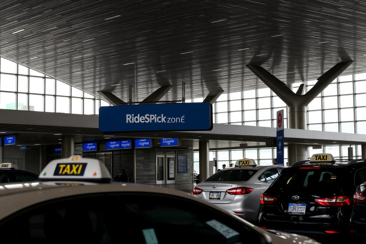 Terminal de aeropuerto con avión al fondo y taxis afuera