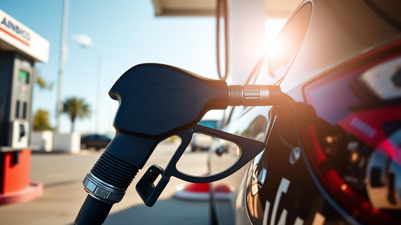 Pistola de gasolina cargando combustible a un auto compacto