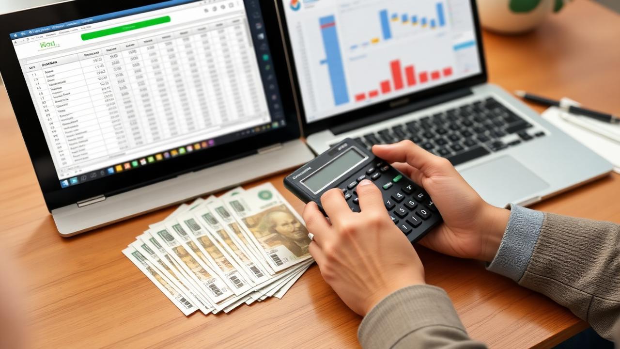 Manos usando una calculadora junto a billetes mexicanos y una laptop
