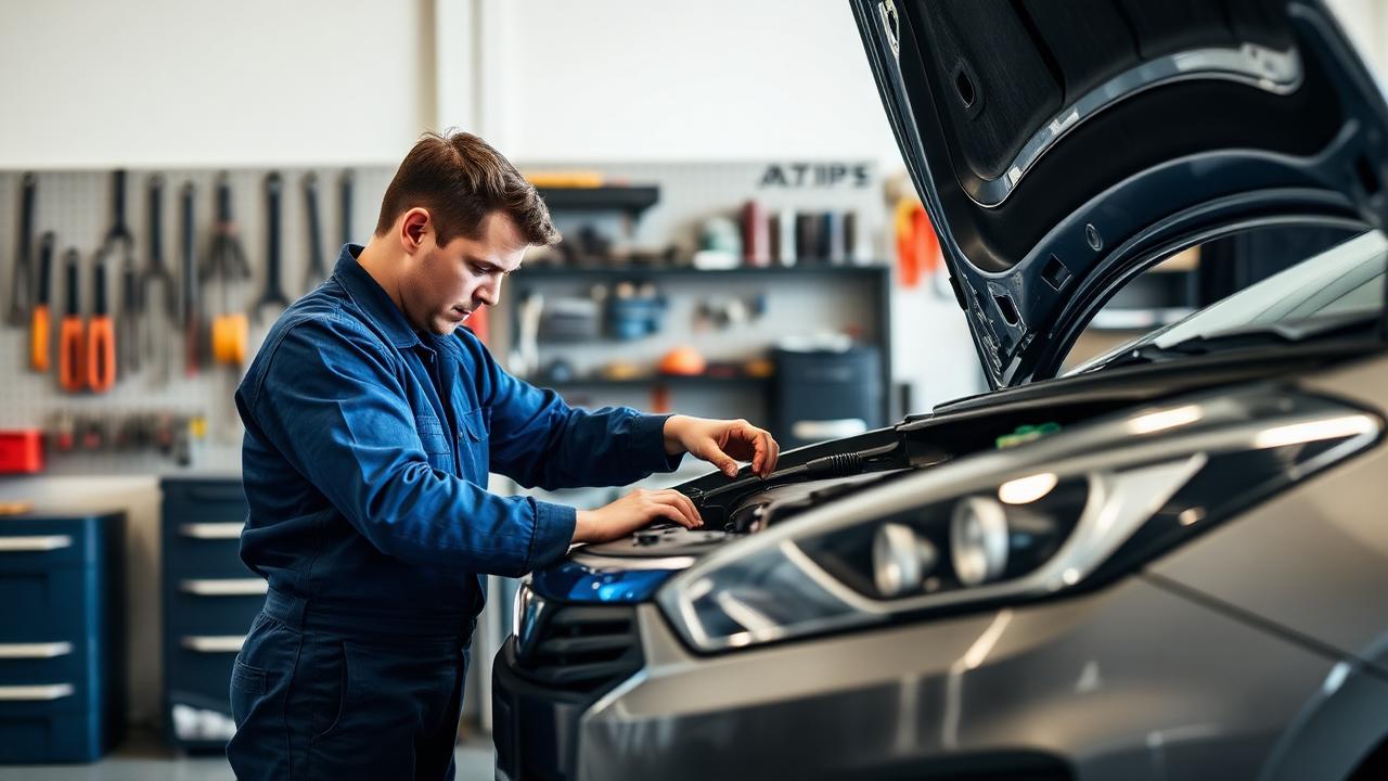 Mecánico revisando el motor de un auto compacto en un taller
