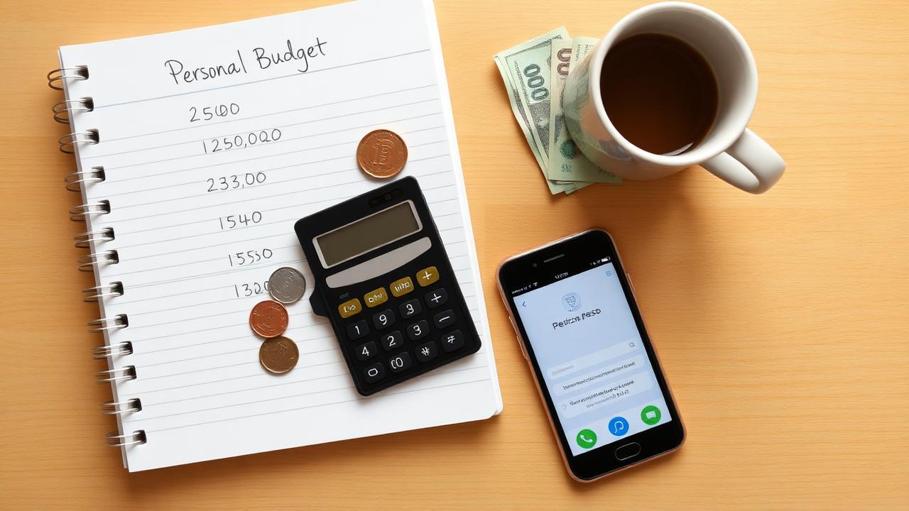 Cuaderno de presupuesto personal, calculadora, monedas y celular
