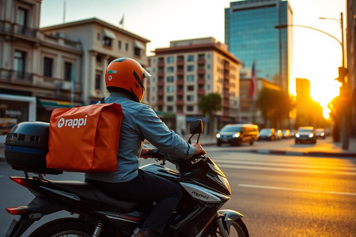 Repartidor de Rappi con mochila naranja entregando un pedido en una calle de Latinoamérica