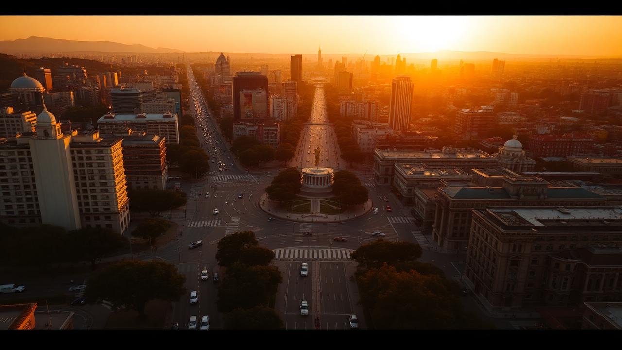 Vista aérea de Ciudad de México y avenida Reforma al atardecer