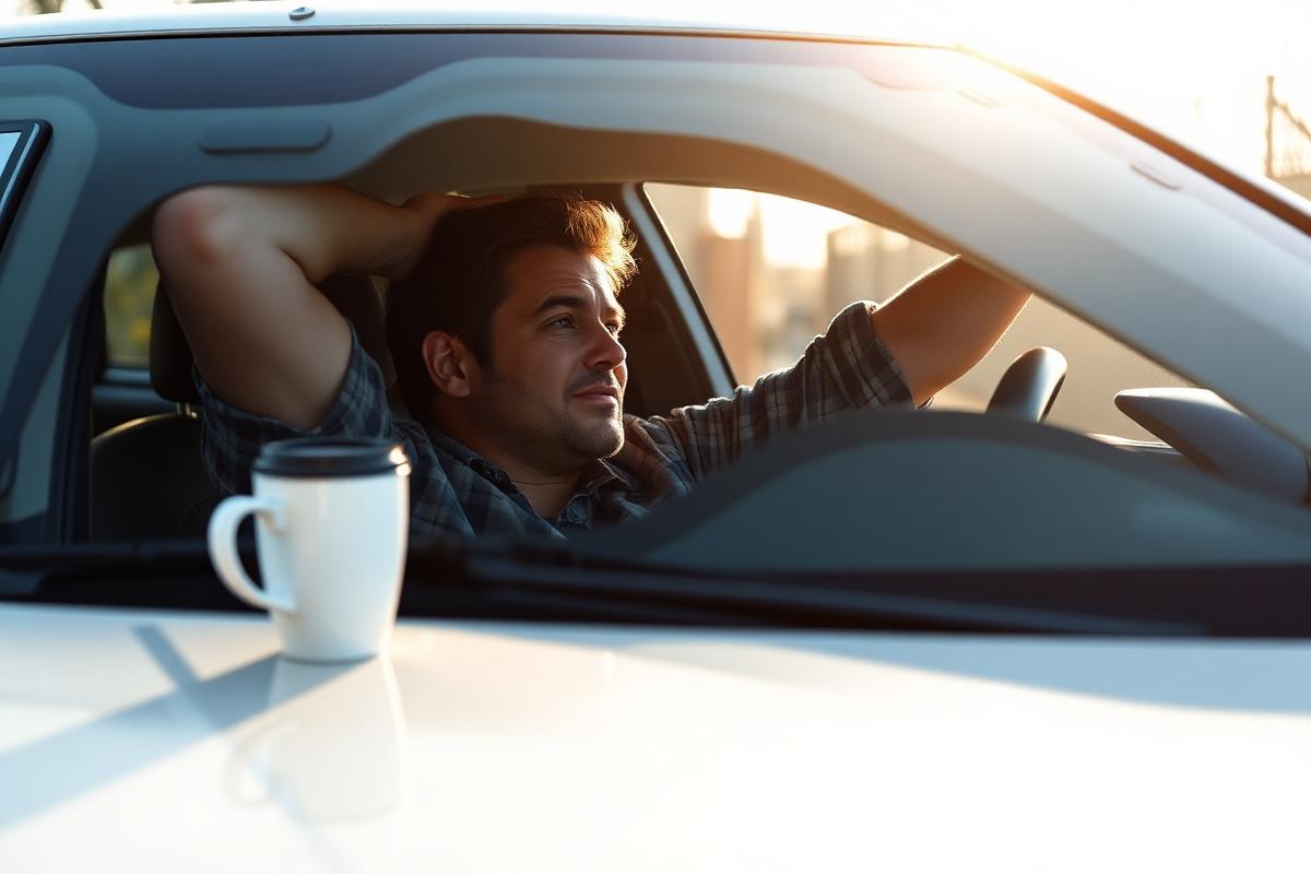 Conductor estirando la espalda fuera de su auto en una calle tranquila