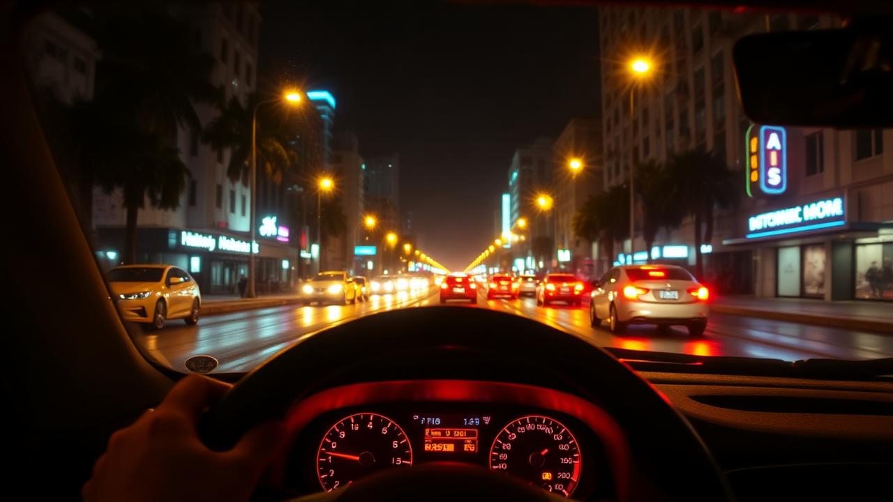 Vista desde el volante manejando de noche por una avenida iluminada