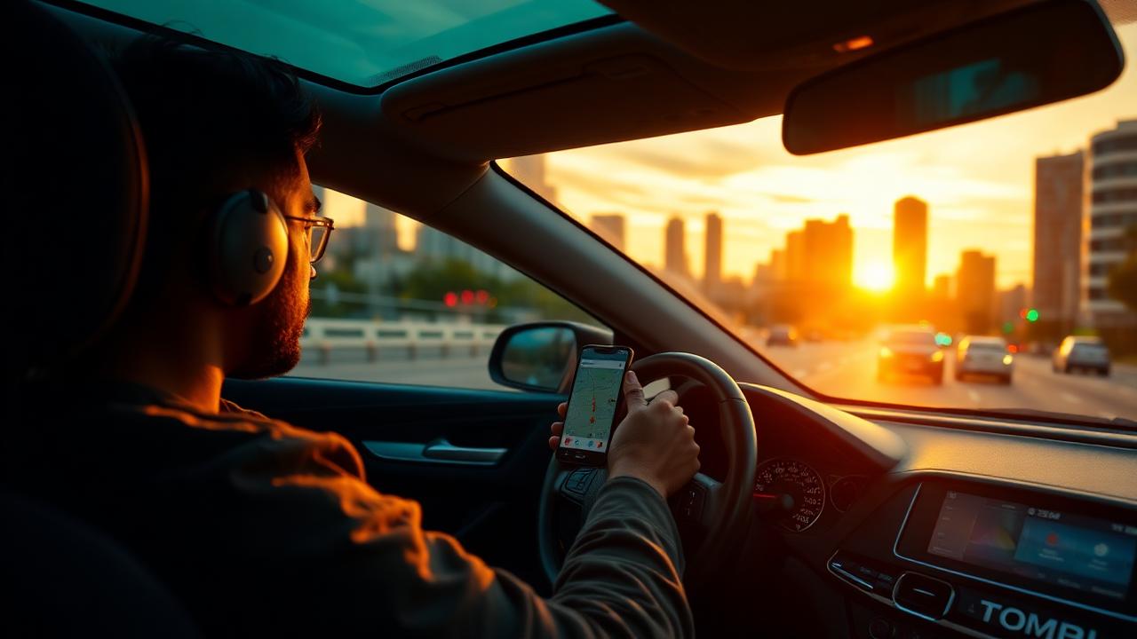 Conductor de Uber al atardecer revisando su app en Ciudad de México